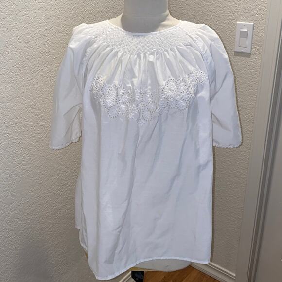 Women’s Short Sleeve Peasant Shirt Ruched Eyelet Cotton White Loose Fit Sz XXL - Picture 1 of 8